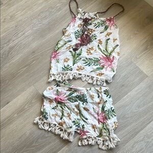 Floral Tassel Trim Top and Shorts Set